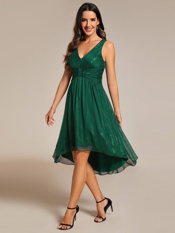 V-Neck High-Low Glitter Sleeveless Wedding Guest Dress with Pleated - Dark Green