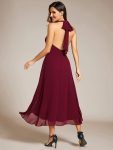 Lace-up Halterneck Backless High Low Wedding Guest Dress in Chiffon – Burgundy