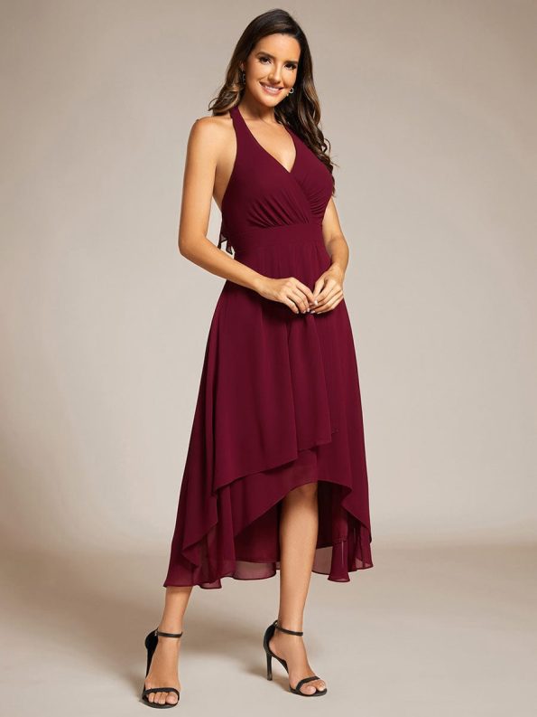 Lace-up Halterneck Backless High Low Wedding Guest Dress in Chiffon - Burgundy