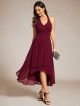 Lace-up Halterneck Backless High Low Wedding Guest Dress in Chiffon – Burgundy