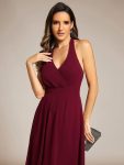 Lace-up Halterneck Backless High Low Wedding Guest Dress in Chiffon – Burgundy