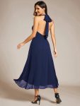 Lace-up Halterneck Backless High Low Wedding Guest Dress in Chiffon – Navy Blue