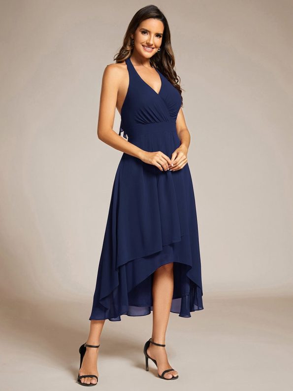 Lace-up Halterneck Backless High Low Wedding Guest Dress in Chiffon - Navy Blue