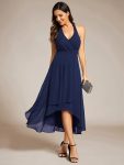 Lace-up Halterneck Backless High Low Wedding Guest Dress in Chiffon – Navy Blue