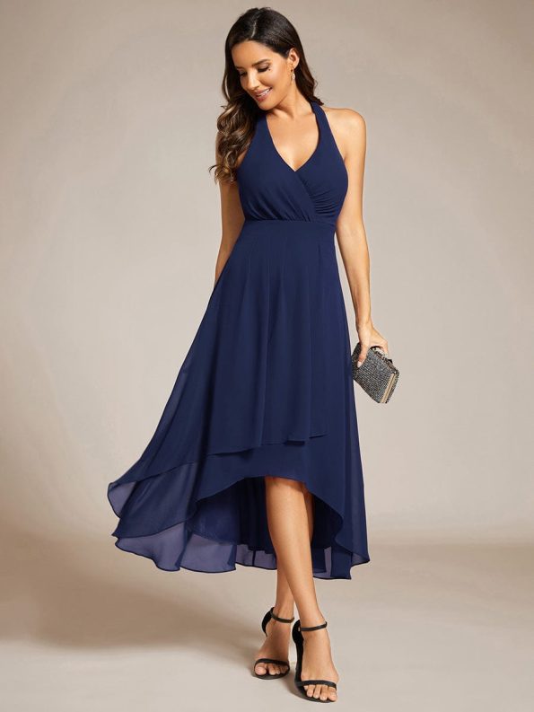 Lace-up Halterneck Backless High Low Wedding Guest Dress in Chiffon - Navy Blue