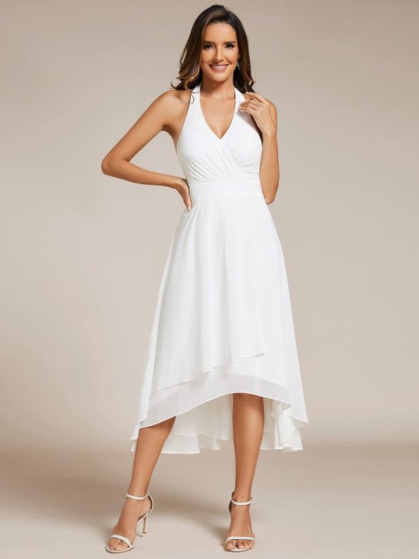 Lace-up Halterneck Backless High Low Wedding Guest Dress in Chiffon - White