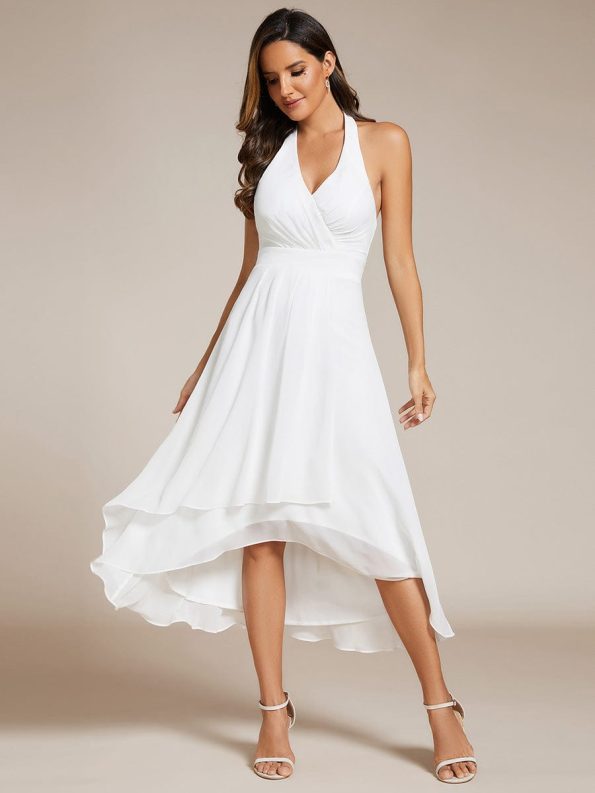 Lace-up Halterneck Backless High Low Wedding Guest Dress in Chiffon - White