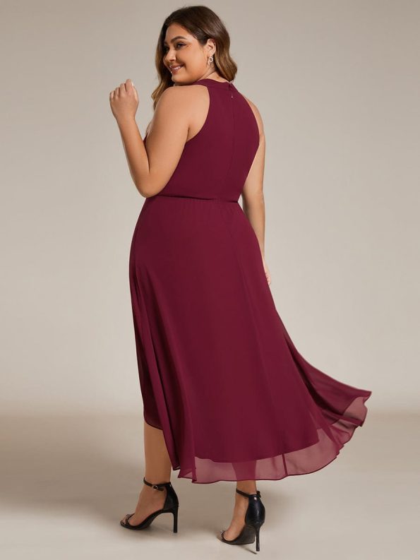 Midi Halter Neck Chiffon Wedding Guest Dress with Sleeveless and A-Line - Burgundy