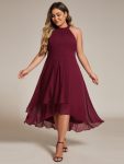 Midi Halter Neck Chiffon Wedding Guest Dress with Sleeveless and A-Line – Burgundy