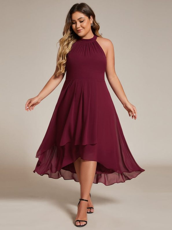 Midi Halter Neck Chiffon Wedding Guest Dress with Sleeveless and A-Line - Burgundy