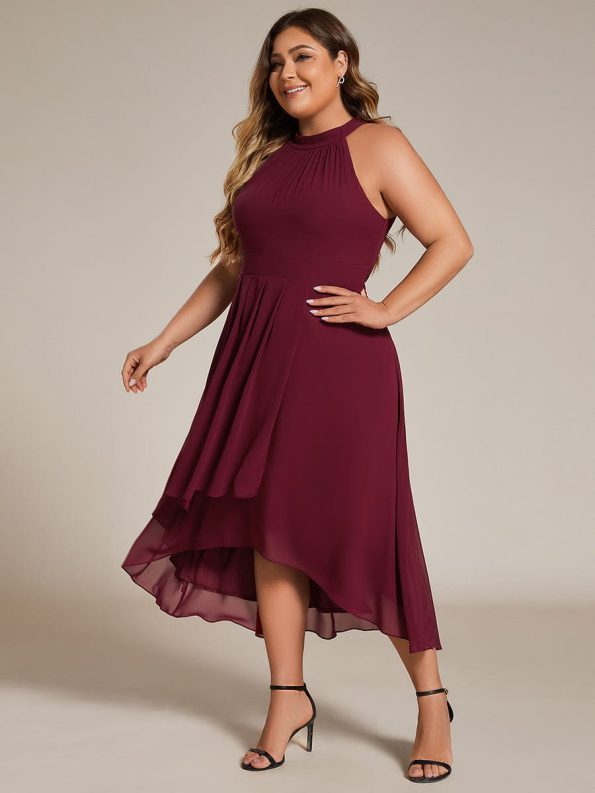 Flowy Plus Size Halter Neck Chiffon Midi Wedding Guest Dress - Burgundy