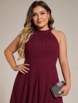 Midi Halter Neck Chiffon Wedding Guest Dress with Sleeveless and A-Line – Burgundy