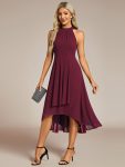 Midi Halter Neck Chiffon Wedding Guest Dress with Sleeveless and A-Line – Burgundy