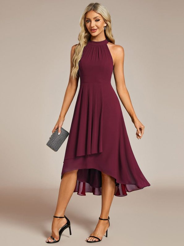 Midi Halter Neck Chiffon Wedding Guest Dress with Sleeveless and A-Line - Burgundy