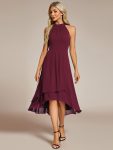 Midi Halter Neck Chiffon Wedding Guest Dress with Sleeveless and A-Line – Burgundy