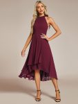 Midi Halter Neck Chiffon Wedding Guest Dress with Sleeveless and A-Line – Burgundy