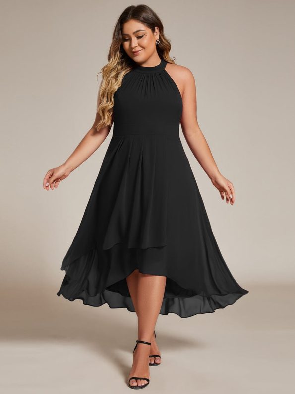 Flowy Plus Size Halter Neck Chiffon Midi Wedding Guest Dress - Black