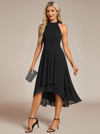 Midi Halter Neck Chiffon Wedding Guest Dress with Sleeveless and A-Line - Black