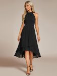 Midi Halter Neck Chiffon Wedding Guest Dress with Sleeveless and A-Line – Black