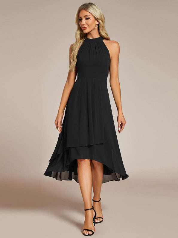 Midi Halter Neck Chiffon Wedding Guest Dress with Sleeveless and A-Line - Black