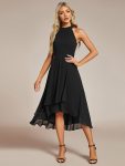 Midi Halter Neck Chiffon Wedding Guest Dress with Sleeveless and A-Line – Black