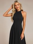 Midi Halter Neck Chiffon Wedding Guest Dress with Sleeveless and A-Line – Black