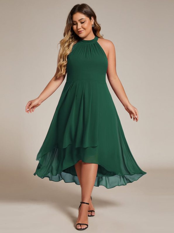 Midi Halter Neck Chiffon Wedding Guest Dress with Sleeveless and A-Line - Dark Green