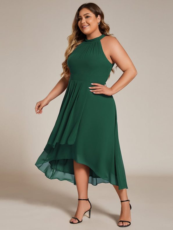 Flowy Plus Size Halter Neck Chiffon Midi Wedding Guest Dress - Dark Green