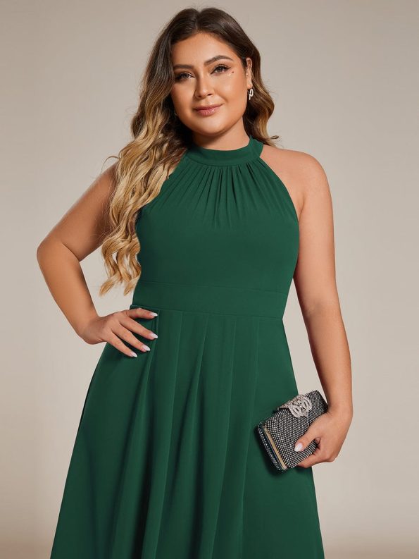 Midi Halter Neck Chiffon Wedding Guest Dress with Sleeveless and A-Line - Dark Green