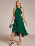 Midi Halter Neck Chiffon Wedding Guest Dress with Sleeveless and A-Line – Dark Green