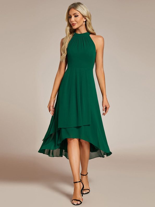 Midi Halter Neck Chiffon Wedding Guest Dress with Sleeveless and A-Line - Dark Green