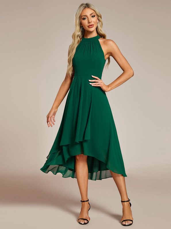 Midi Halter Neck Chiffon Wedding Guest Dress with Sleeveless and A-Line - Dark Green