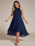 Midi Halter Neck Chiffon Wedding Guest Dress with Sleeveless and A-Line – Navy Blue