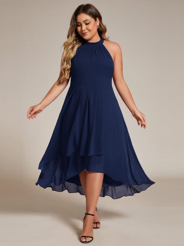 Midi Halter Neck Chiffon Wedding Guest Dress with Sleeveless and A-Line - Navy Blue