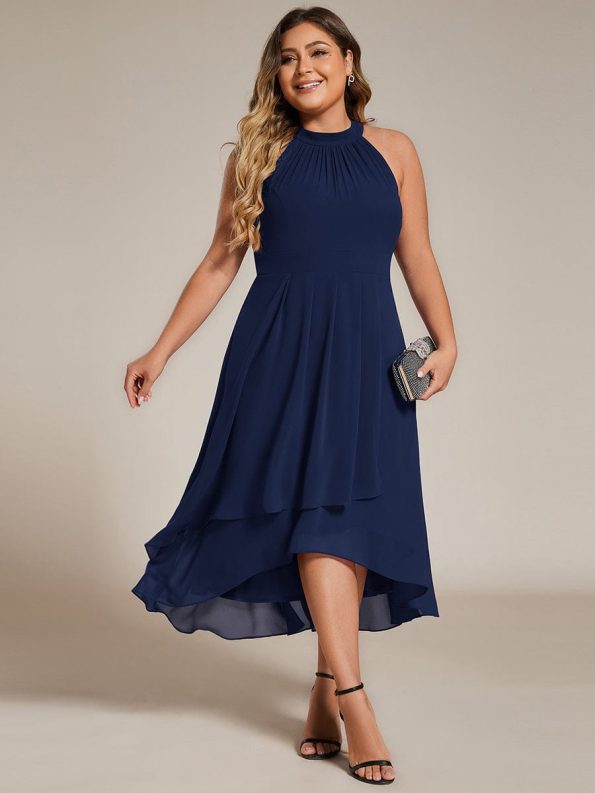 Flowy Plus Size Halter Neck Chiffon Midi Wedding Guest Dress - Navy Blue