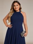 Midi Halter Neck Chiffon Wedding Guest Dress with Sleeveless and A-Line – Navy Blue