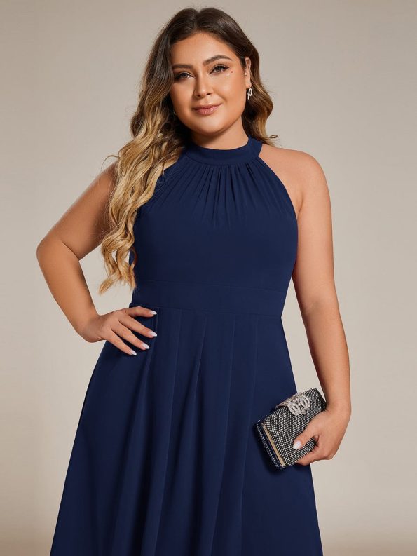 Midi Halter Neck Chiffon Wedding Guest Dress with Sleeveless and A-Line - Navy Blue