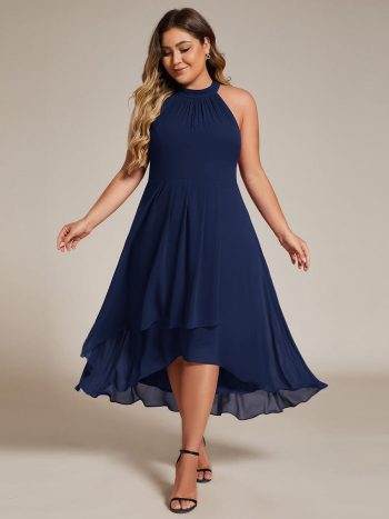 Flowy Plus Size Halter Neck Chiffon Midi Wedding Guest Dress - Navy Blue