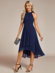 Midi Halter Neck Chiffon Wedding Guest Dress with Sleeveless and A-Line – Navy Blue