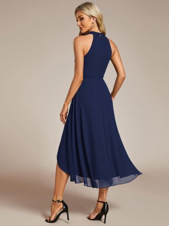 Midi Halter Neck Chiffon Wedding Guest Dress with Sleeveless and A-Line - Navy Blue