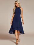 Midi Halter Neck Chiffon Wedding Guest Dress with Sleeveless and A-Line – Navy Blue