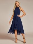 Midi Halter Neck Chiffon Wedding Guest Dress with Sleeveless and A-Line - Navy Blue