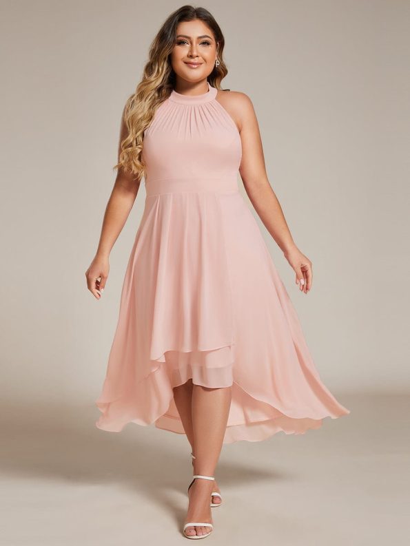 Flowy Plus Size Halter Neck Chiffon Midi Wedding Guest Dress - Pink