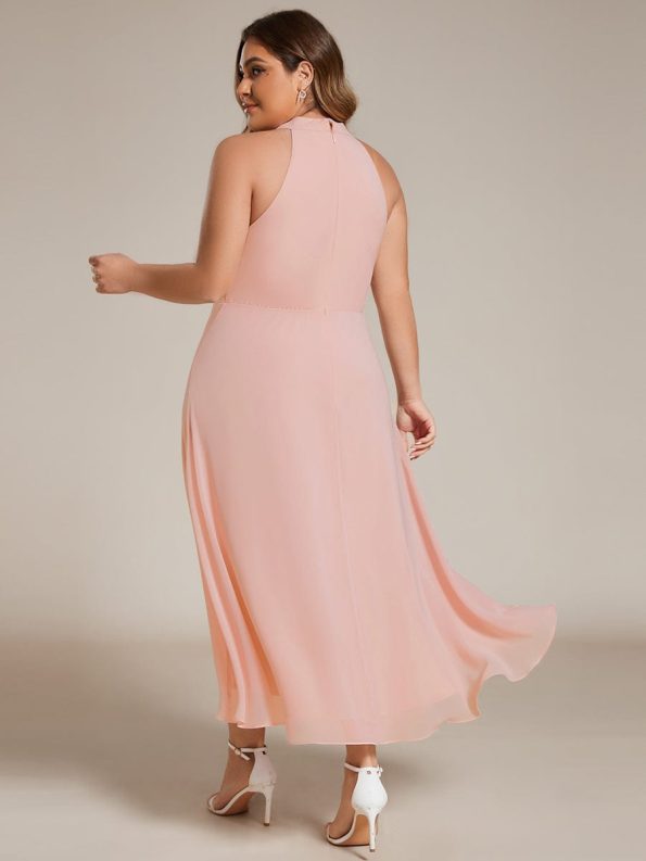 Midi Halter Neck Chiffon Wedding Guest Dress with Sleeveless and A-Line - Pink