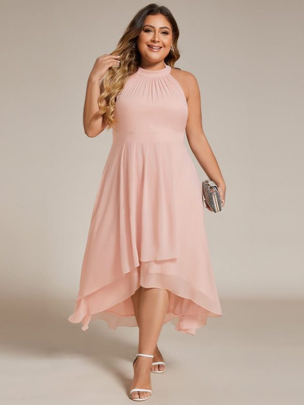 Midi Halter Neck Chiffon Wedding Guest Dress with Sleeveless and A-Line - Pink