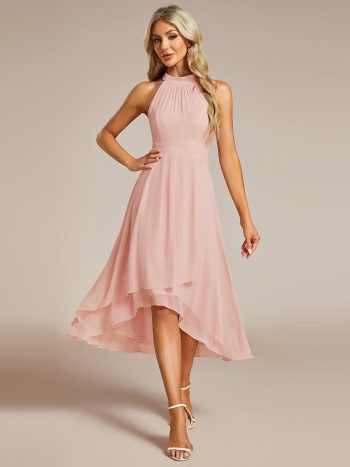Midi Halter Neck Chiffon Wedding Guest Dress with Sleeveless and A-Line - Pink