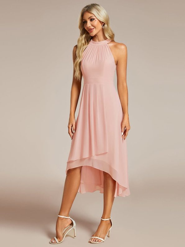 Midi Halter Neck Chiffon Wedding Guest Dress with Sleeveless and A-Line - Pink