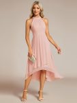 Midi Halter Neck Chiffon Wedding Guest Dress with Sleeveless and A-Line – Pink