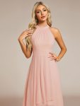 Midi Halter Neck Chiffon Wedding Guest Dress with Sleeveless and A-Line – Pink