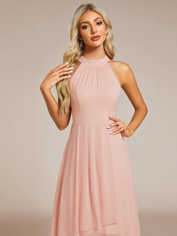 Midi Halter Neck Chiffon Wedding Guest Dress with Sleeveless and A-Line - Pink